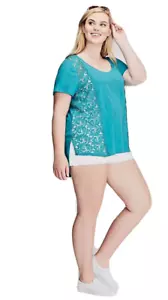Lane Bryant 18/20 turquoise Crochet Lace Side Panel blouse Short Sleeve Top LBr - Picture 1 of 10