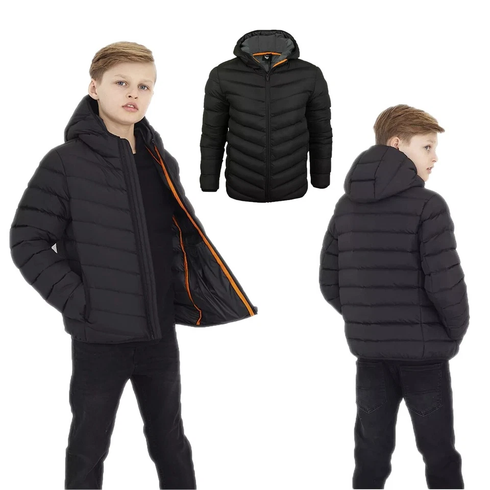 BOYS HOODED PADDED JACKET BACK TO SCHOOL QUILTED COAT PUFFER PUFFA WARM WINTER - Image 1 of 1
