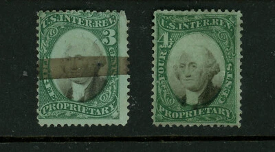 USA Scott # RB3 RB4 Green F-VF Used BOB Proprietary Revenue US Stamps Cat $92 - Image 1 of 2