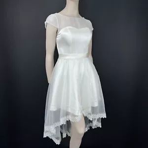 JJ's House Wedding Dress 10 Ivory Hi Low Satin Chiffon Lace A-Line Cap Sleeve - Picture 1 of 11