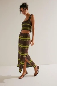 Free People Two Piece crochet Set Skirt Crop Top Green Brown Stripe Co-ord S NEW - Picture 1 of 2