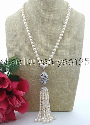 Collar Perla Natural 8.5mm Blanco Cz Pavé Colgante 22" Foto 1 de 3