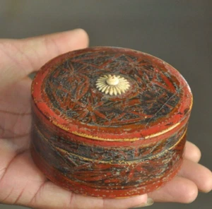 Vintage Wooden Round Shape Handcrafted Lacquer Powder/Pill Box - Picture 1 of 7