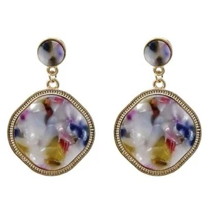 Acrylic Swirled Marble Look Blue Yellow Gold Plate Dangle Post Pierced Earrings - Picture 1 of 1