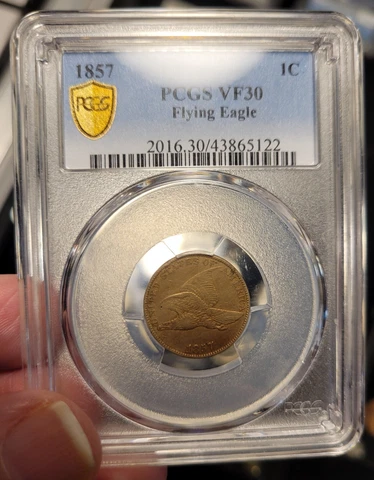 1857 Flying Eagle Cent PCGS VF30 Cover