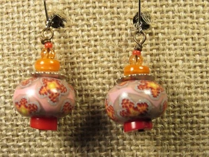 Earrings Pierced VINTAGE 19mm Pink & Orange Stone & Glass Beads Abstract Flowers - Picture 1 of 6