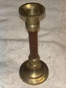 Vintage Brass Wood Candlestick Glenlivet Patina Taper Holder Whiskey Brand Stamp - Picture 1 of 11
