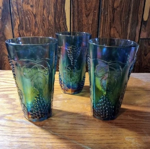 Vintage Indiana Carnival Glass Blue Harvest Cups Tumblers Iridescent Set Of 3 - Picture 1 of 5
