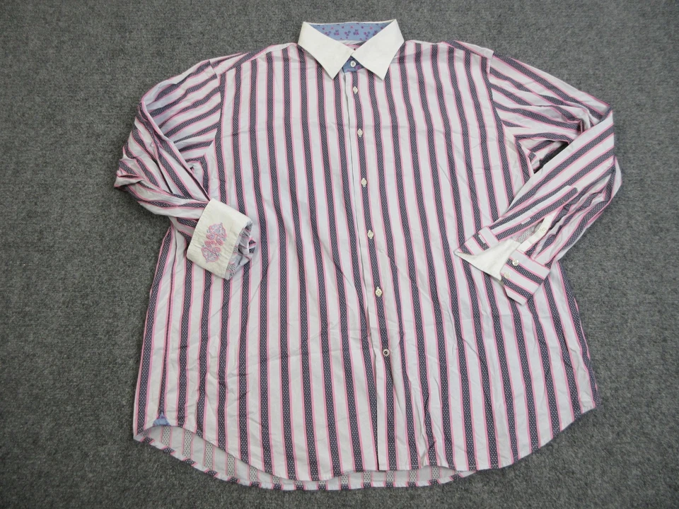 Camisa Robert Graham Para Hombre XL 18 Blanca Rosa Azul Marino Rayas Bordada Puño Abatible Foto 1 de 4