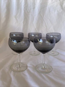 Set Of 5 Vintage Smoke Gray Wine Glasses 4.5” Mid Century Modern Goblets  - Picture 1 of 8