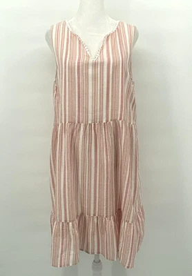 复古 Y2K Ronni Nicole 连衣裙女式大号亚麻混纺条纹无袖分层 — 第 1/4 张图片
