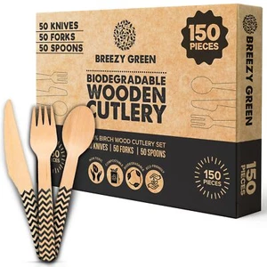 Disposable Wooden Cutlery 150 Set Ecofriendly And Biodegradable Utensils Dinner - Picture 1 of 9