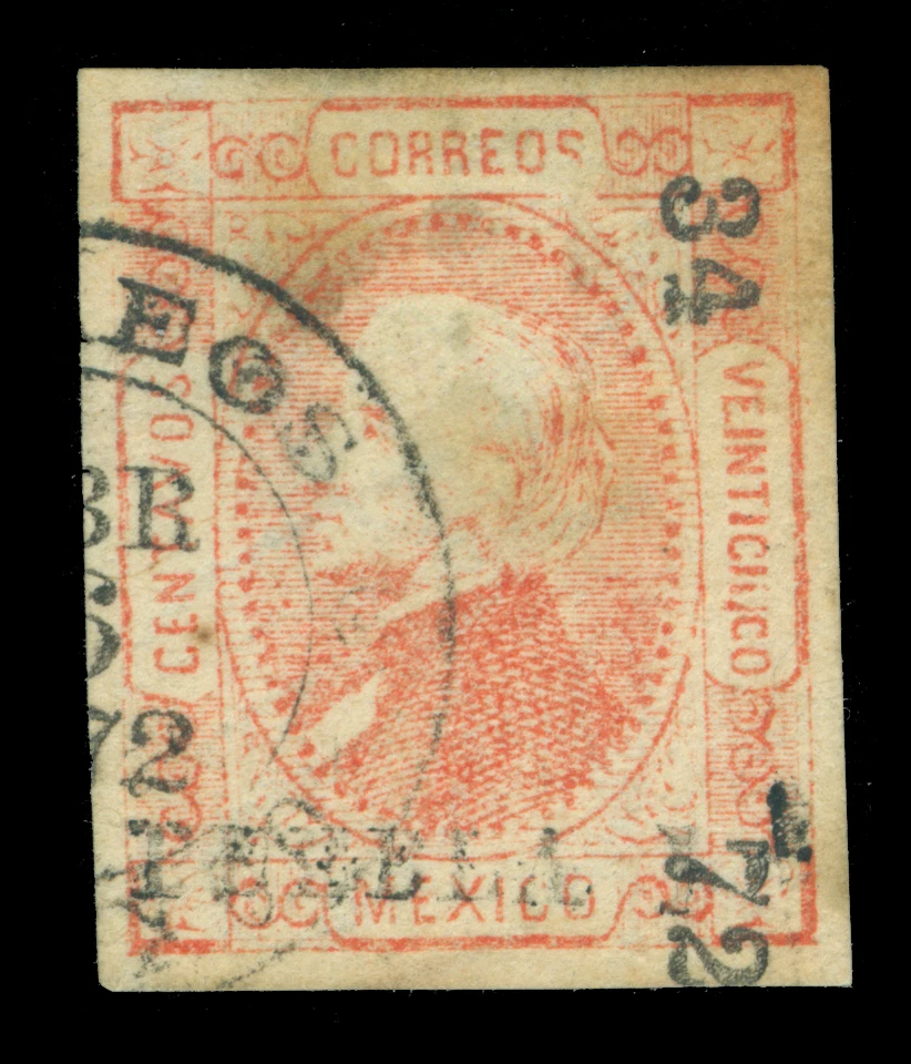 MEXICO 1872 Hidalgo 25c red  Watermarked - PUEBLA - 34 72 consg. Sc# 83 used VF - Image 1 of 2