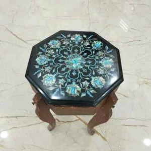 Black Marble Table with Turquoise Inlay - Exquisite Pietra Dura Art Décor - Picture 1 of 10