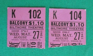Boletos de teatro Biltmore Balcony 2 de colección 1941 National Ticket Co. - Imagen 1 de 2