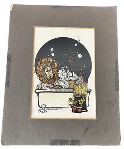 Vtg 1970s Ink and Watercolor Painting Lion in a Bubble Bath Sue Satterfield - Picture 1 of 7