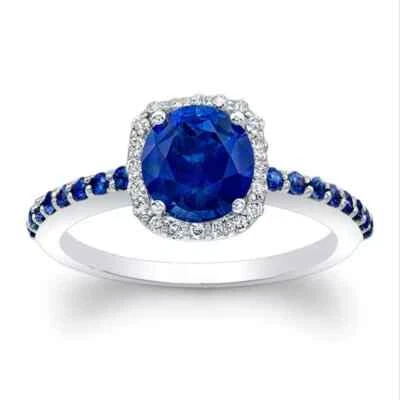 Anillo de compromiso de diamantes y zafiros naturales de 1,80 quilates de oro blanco sólido de 14 quilates Foto 1 de 4