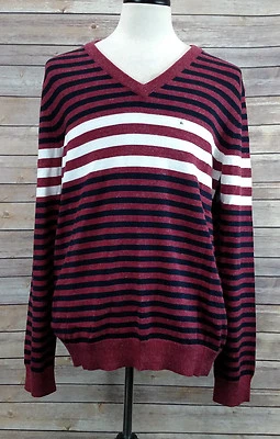 Men's EXPRESS Mixed Striped Cotton V-Neck Sweater in Harvard Red Sz XL NWT $70 - Image 1 of 4