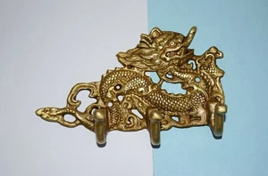Brass Wall Art Fire Dragon Triple Hook Japanese Culture Hallway Door Mount HK203 - Picture 1 of 7