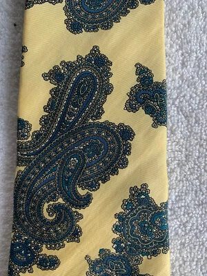 Corbata vintage Harve Benard seda cachemira amarillo azul tostado 3,25 X 57 clásica Foto 1 de 4