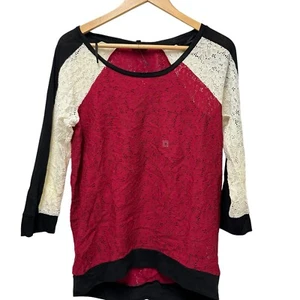 Express Women’s Lace Long Sleeve Stretch Red, Black & White Blouse Top Size M - Picture 1 of 9