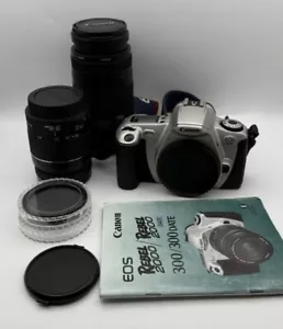 CANON EOS 300 SLR 35mm Film Camera + 28-80 75-300mm Lens, Manual & Bag Vtg 📸 - Picture 1 of 24