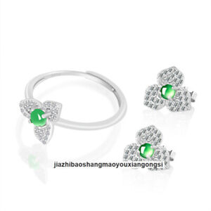 Certified 925 Sterling Silver Natural A Grade Jade Jadeite flower earring + ring