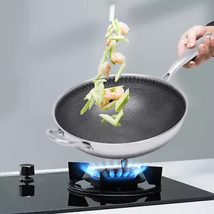 Padella wok rotonda in acciaio inox 30 cm cottura universale nido d'ape miele padella wok con coperchio - Foto 1 di 20
