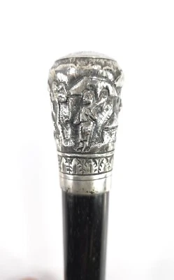 Antique Asian Walkingstick Repousse' Silver Tropical Scene Man with Club - Image 1 of 4