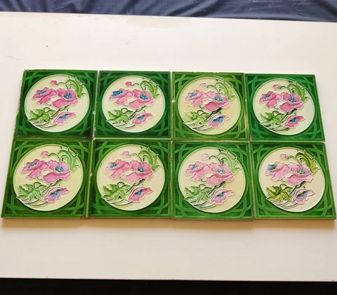 1940s Vintage Embossed Floral Design Majolica Art Architecture Tile 8 Pc England Cover