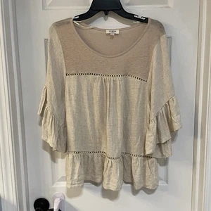 Top Umgee Mezcla de Lino Pequeño Beige Tostado Volantes Fluido Boho Detalle Espalda - Imagen 1 de 8