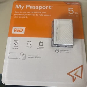 Western Digital My Passport 5TB Portable Hard Drive, White, Sealed - Photo 1/3