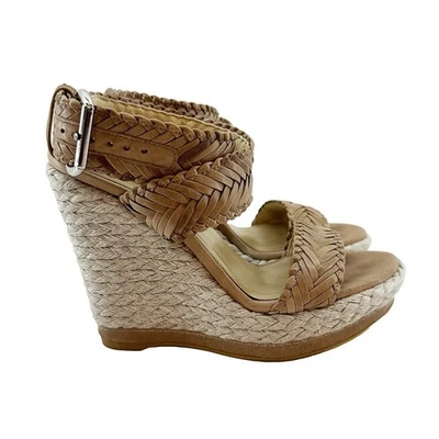 STUART WEITZMAN Elixir Platform Wedge Braided Leather Sandals • 6 • tan, beige - Image 1 of 4