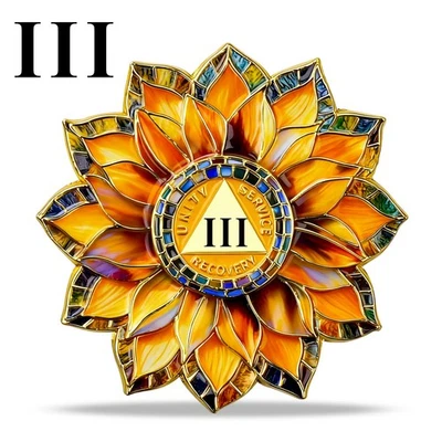 Sunflower 3 Years Sobriety Coin Alcoholics Anonymous AA Recovery Chips Medallion - Image 1 of 4