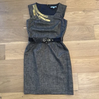 Antonio Melani Gray Sheath Dress Gold Beaded Detail Belted Size 6 Cocktail - Image 1 of 4
