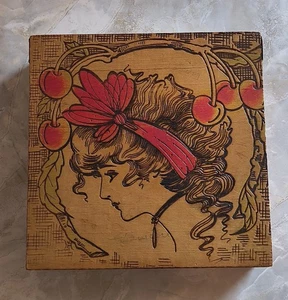 Antique Art Nouveau Gibson Girl Wood Burned Trinket Box Red Bow & Cherry Tree - Picture 1 of 4