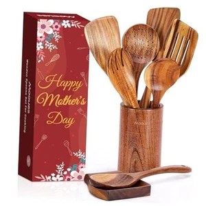 9 Piece Wooden Spoons for Cooking, Teak Wooden Kitchen Utensils Set with Spoon - Picture 1 of 7