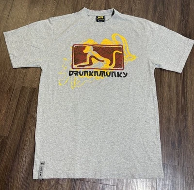 Vintage Y2K Drunknmunky Graphic T-Shirt Crew Neck Short Sleeve Red Yellow Design - Image 1 of 4