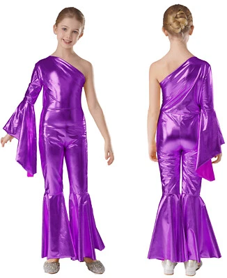 Girls Metallic Dance Leotard Party Romper Jumpsuit Bell Bottom Hip Hop Dancewear - Image 1 of 4