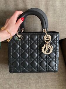 Dior Lady Dior Logo Leather Shoulder Bag Black Authentic 24*20*11 sm (No Box)