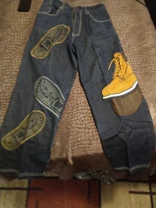 Vintage Raw Blue Y2K Blue Denim Baggy Jeans Men’s Size 32x31 With Boot Design - Picture 1 of 6
