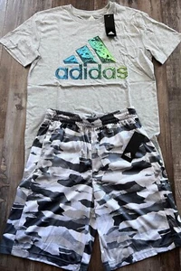 NWT Adidas Boys YLG Gray/White/Lt Blue/Lt Green Camouflage Shorts Set Large - Picture 1 of 5