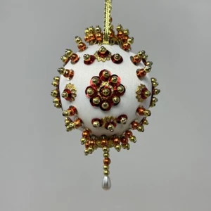 Vintage Push Pin Ornament Satin Ball Sequin Bead Small Handmade Red Gold - Picture 1 of 10