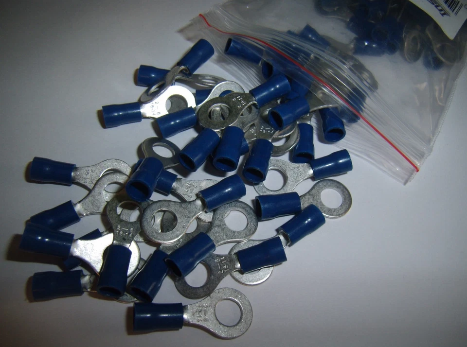 25 1/4" Blue 16-14 Ga AWG Gauge Car Power Wire Ring Terminals Connectors Crimp - Image 1 of 1