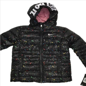 $95 Nike Girl's, Just Do It Printed Puffer Full Zip Hoodie, Black, 6X - Picture 1 of 4