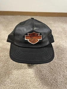 Vintage Harley Davidson Leather Trucker Hat Snapback Bar And Shield Rare - Picture 1 of 6