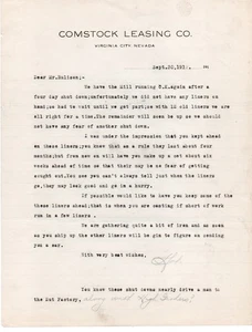 1919 Carta Comstock Leasing Co Virginia City NV con respecto a Mill - Imagen 1 de 1