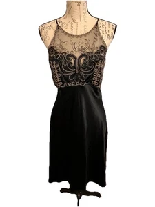 Vestido de cóctel vintage Frederick’s of Hollywood negro satinado encaje transparente talla 11 - Imagen 1 de 11