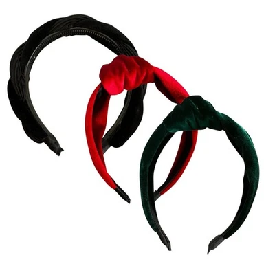 Lot 3 Velvet Headbands Modern Knotted & Braided Hair Accessories Green Red Black - Imagem 1 de 4