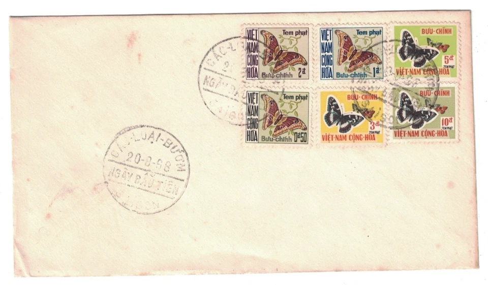 Vietnam 1968 cubierta 3 cancelaciones 6 sellos de mariposa sin dirección Foto 1 de 1